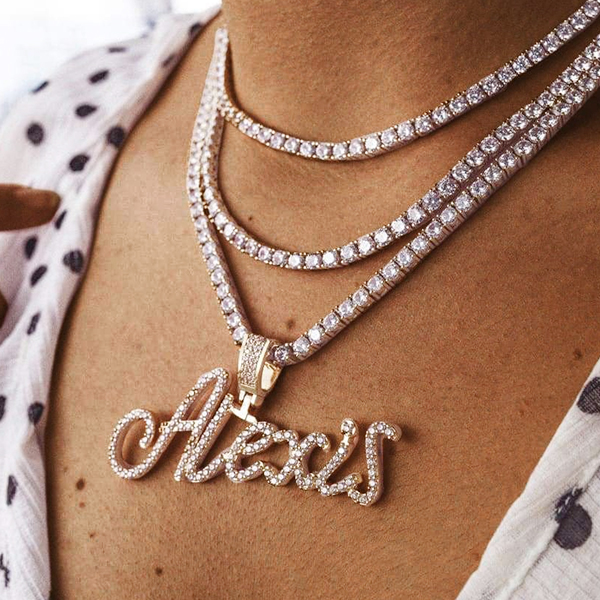 Tennis Chain Gold Plated Cursive Letter Pendant Personalized Custom Name Necklace-silviax