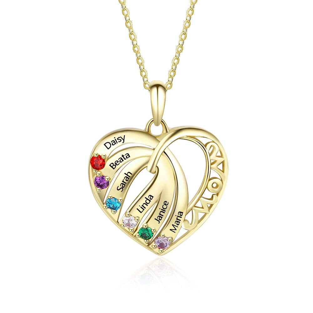 3-6 Name Heart Pendant with Birthstones Personalized Custom Family Necklace Mother's Day Gift