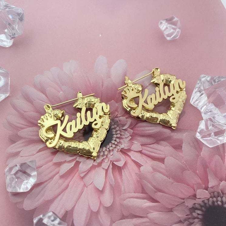 Heart Bamboo Hoop Crown Nameplated Personalized Custom Gold Plated Name Earrings-silviax