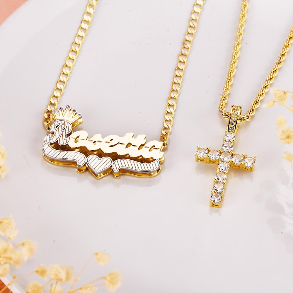 Cross Pendant Necklace and Double Layer Two Tone with Crown Heart Personalized Custom Name Necklace Set-silviax