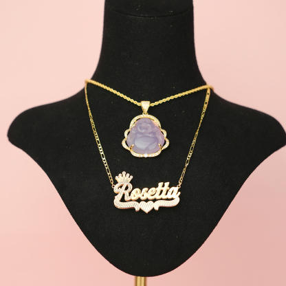 Personalized Jewelry Set Smile Maitreya Buddha Pendant and Crown Heart Name Necklace-silviax