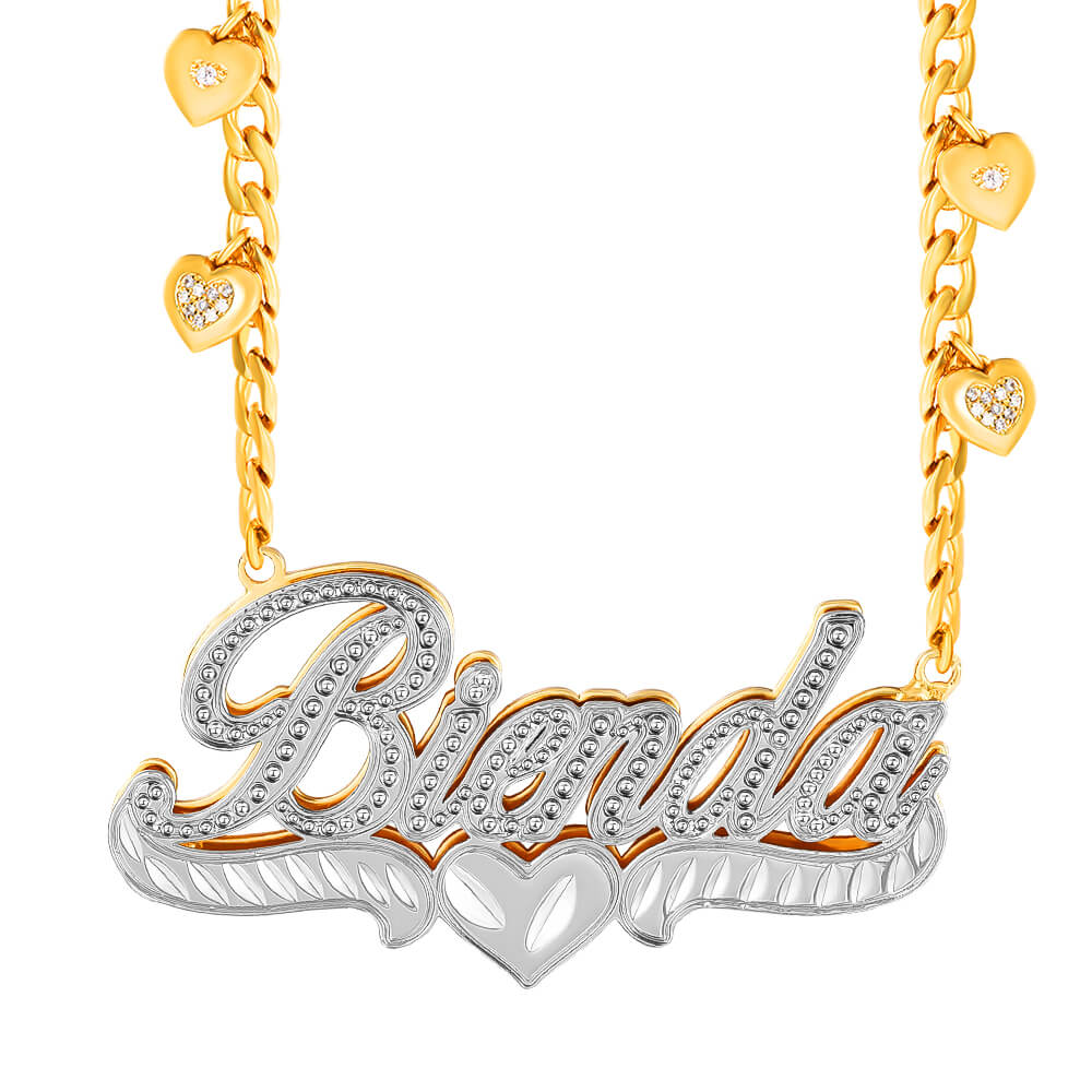 Double Layer Two Tone Heart Nameplate Cuban Chain With Heart Personalized Custom Name Necklace-silviax