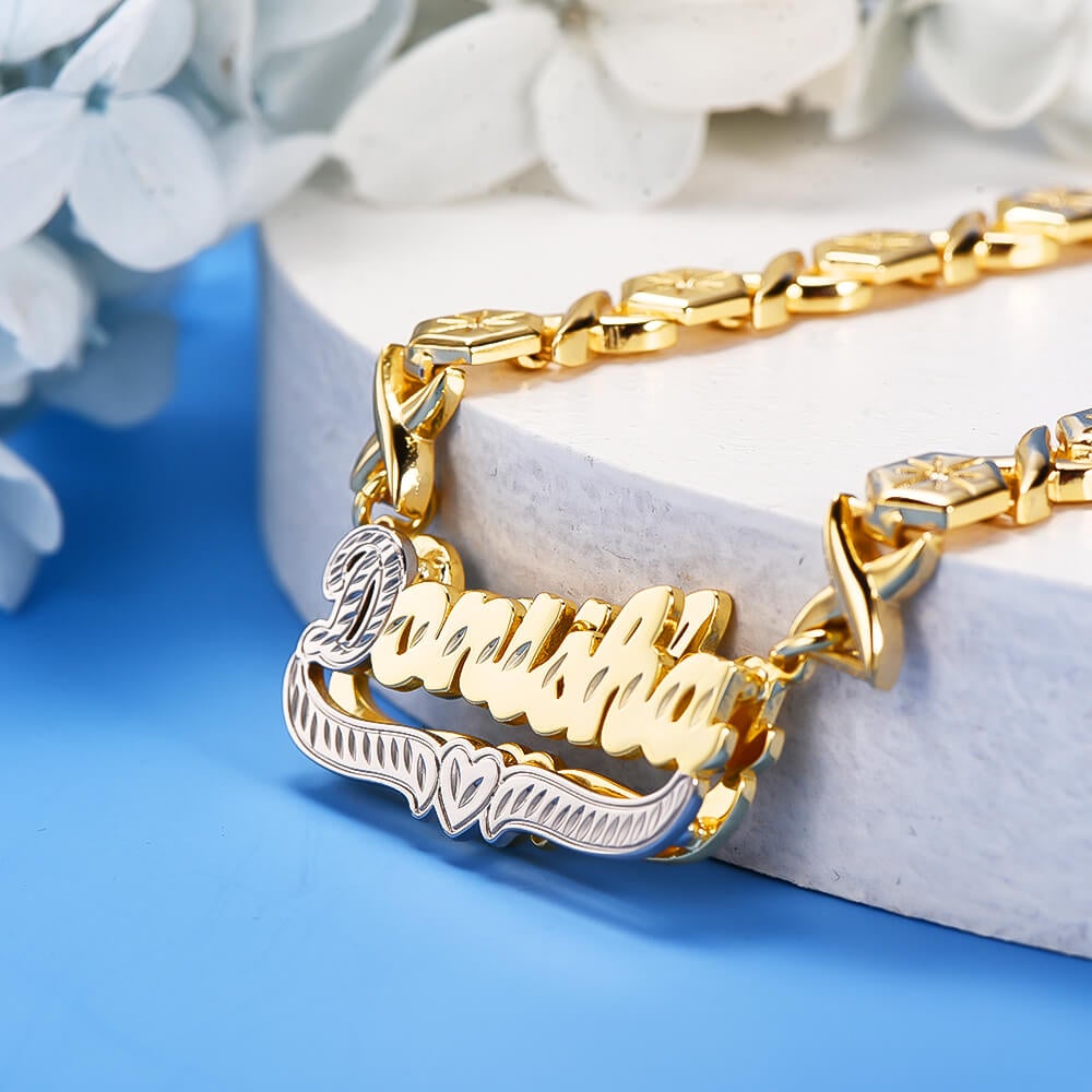 XOXO Chain Personalized Double Layer Gold Plated Name Necklace with Heart -silviax