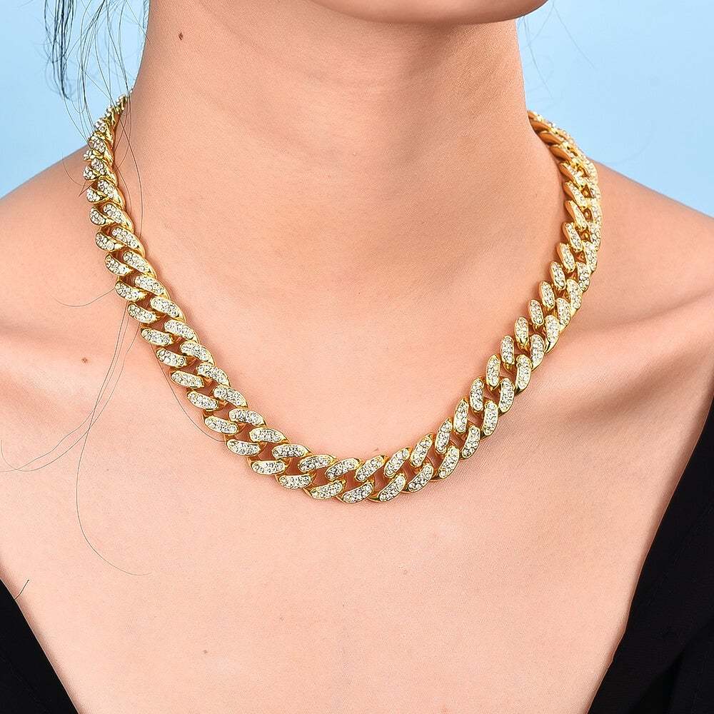 12MM Cuban Chain Gold Plated CZ Fully Iced-Out Necklace Hip Hop Style Jewelry for Men Women-silviax