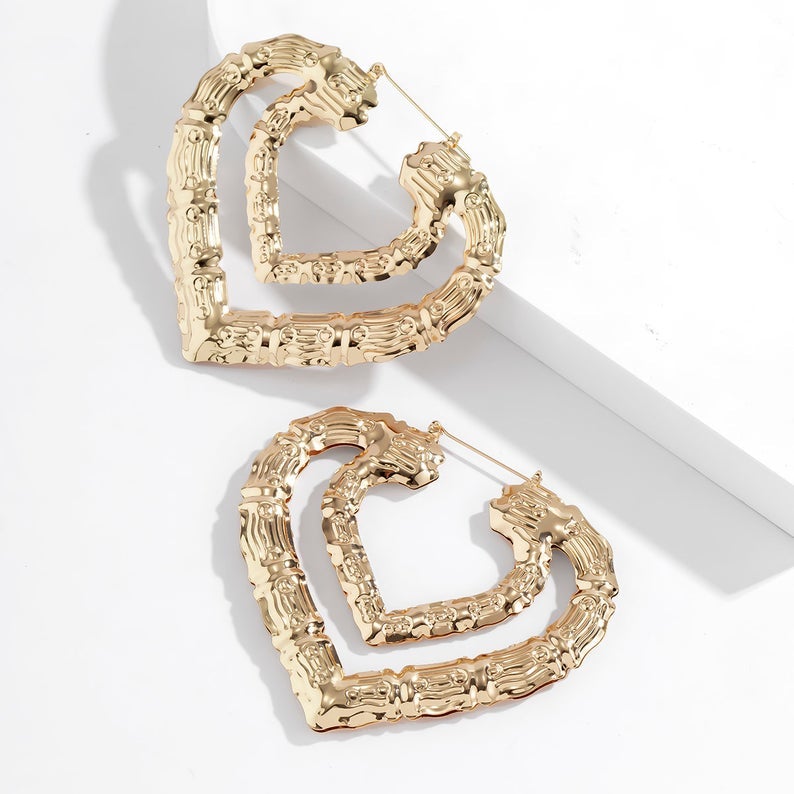 Double Heart Bamboo Hoop Gold Plated Earrings-silviax