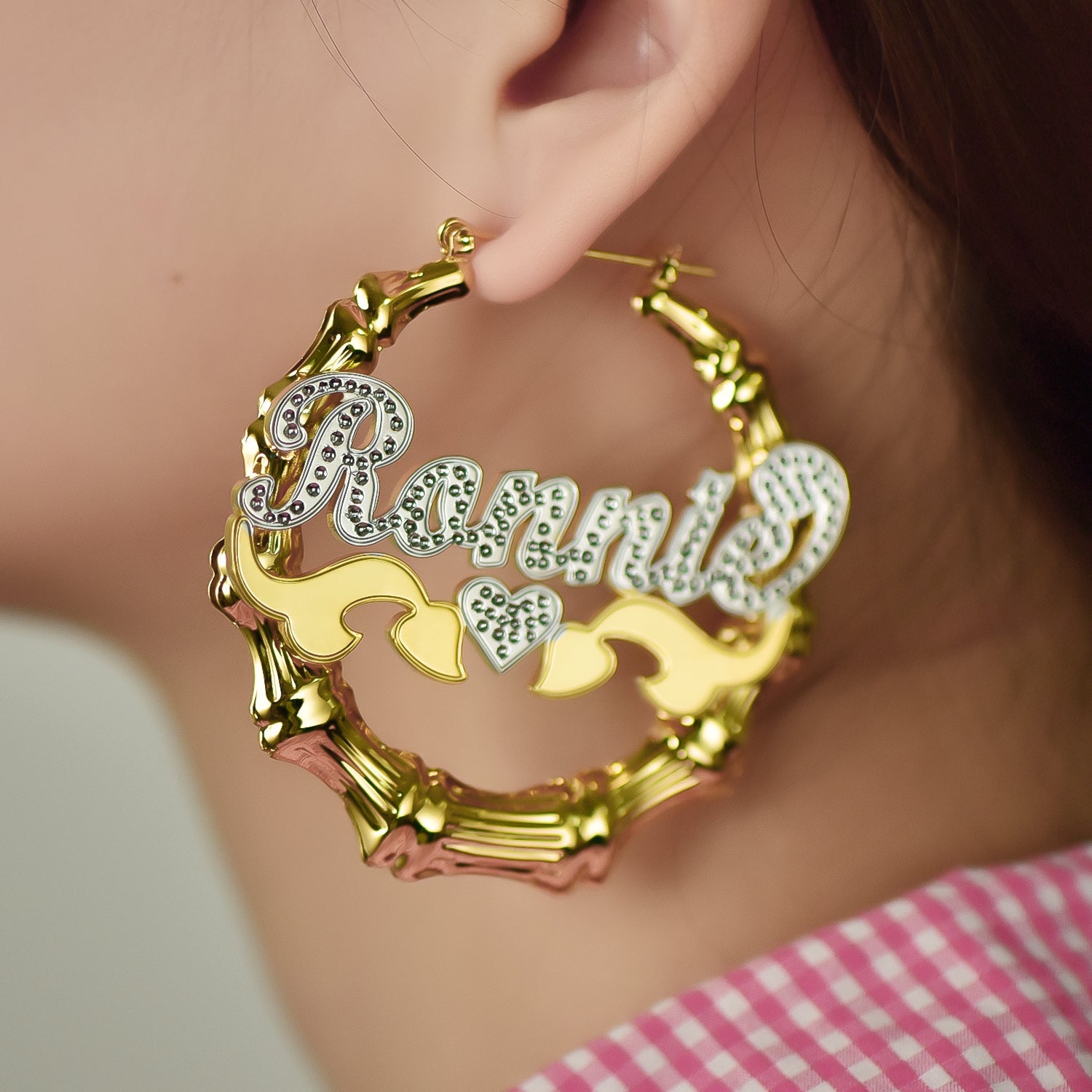 Two Tone Heart Gold Plated Bamboo Name Custom Earrings-silviax