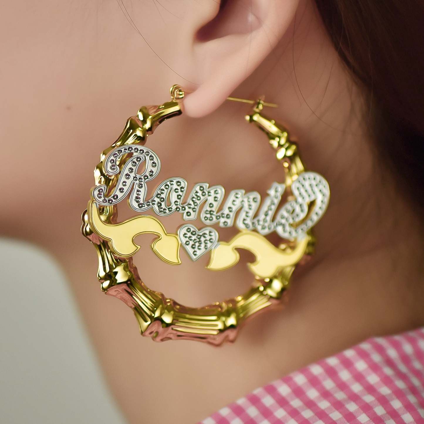 Two Tone Heart Gold Plated Bamboo Name Custom Earrings-silviax