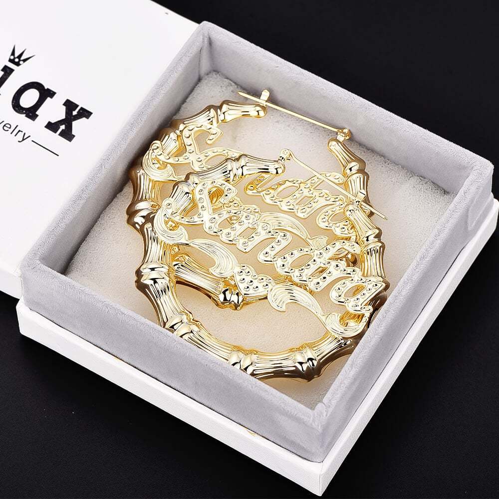 Bamboo Hoop Nameplate Love Heart Personalized Custom Bamboo Earrings Gold Plated Jewelry Gift for her-silviax