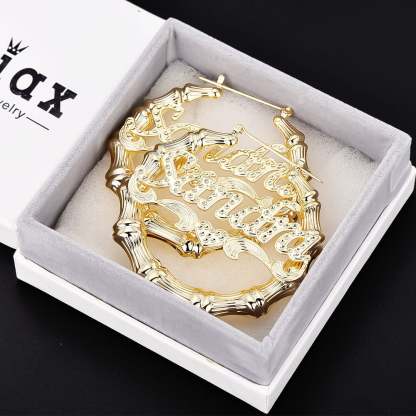 Bamboo Hoop Nameplate Love Heart Personalized Custom Bamboo Earrings Gold Plated Jewelry Gift for her-silviax