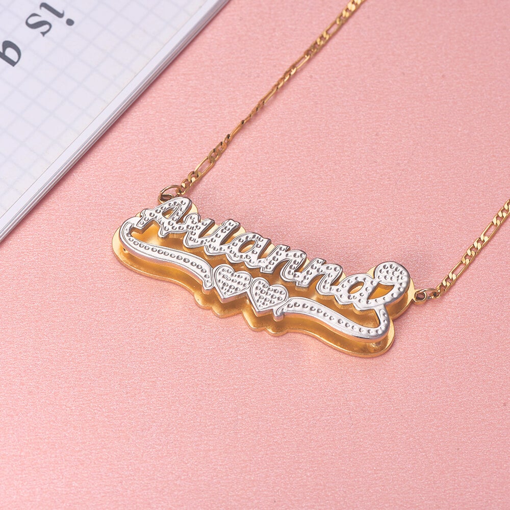Double Layer Two Tone with Two Heart Gold Plated Personalized Custom Name Necklace-silviax