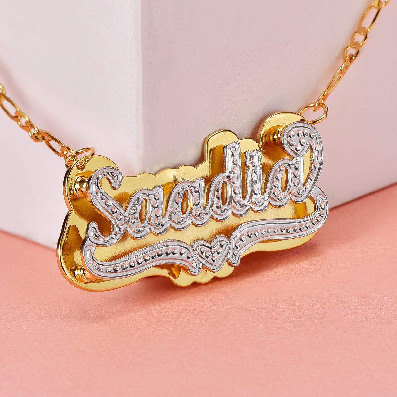 Double Layer Two Tone Custom Heart Name Necklace and Crown Heart Name Necklace Gold Plated Set-silviax