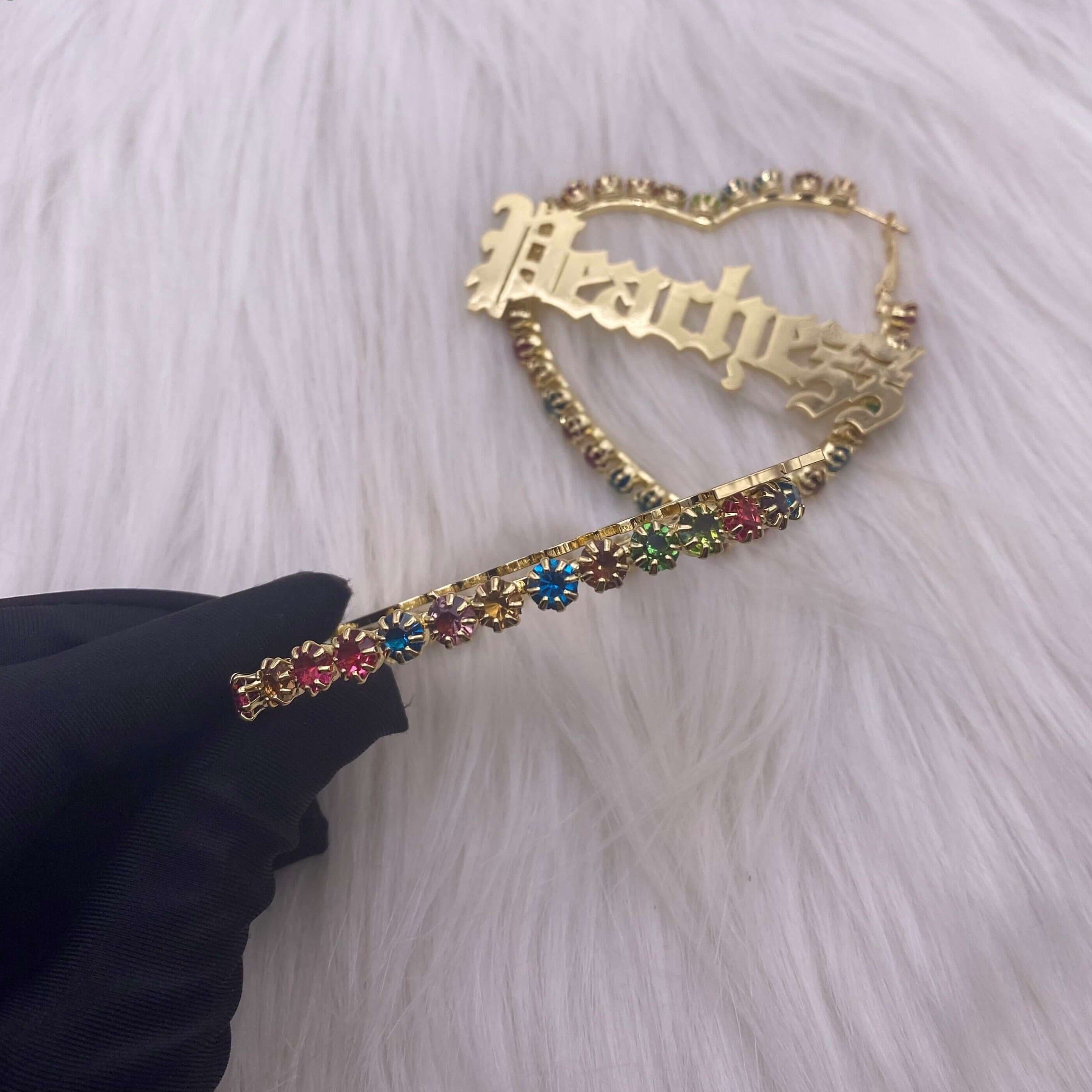 Colorful Zircon Heart Hoop Earrings Personalized Custom Gold Plated Name Earrings-silviax