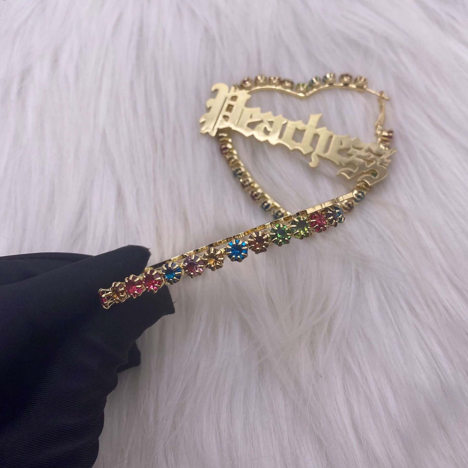 Colorful Zircon Heart Hoop Earrings Personalized Custom Gold Plated Name Earrings-silviax