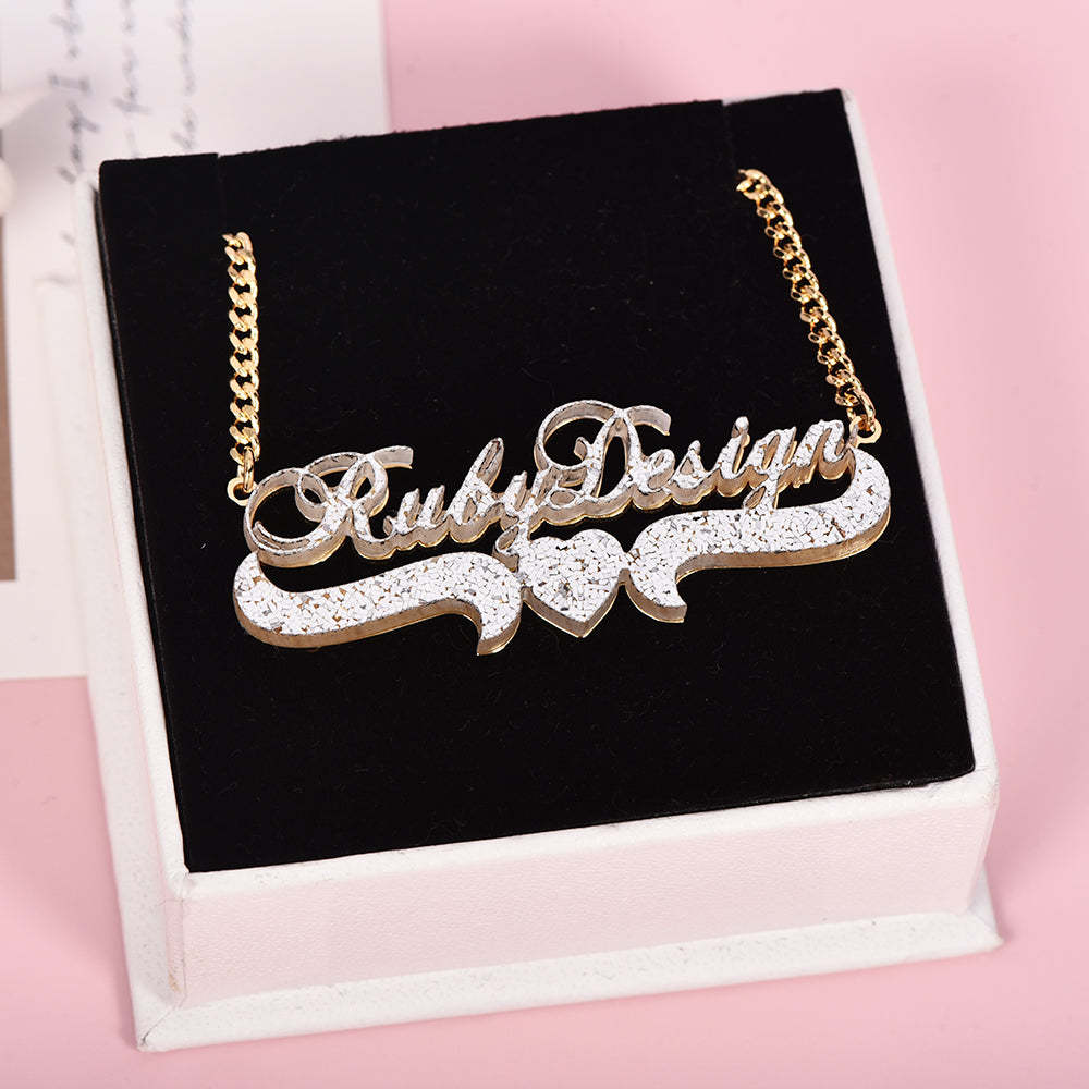 Sparkling Acrylic Personalized Custom Gold Plated Double Layer Name Necklace with Heart-silviax