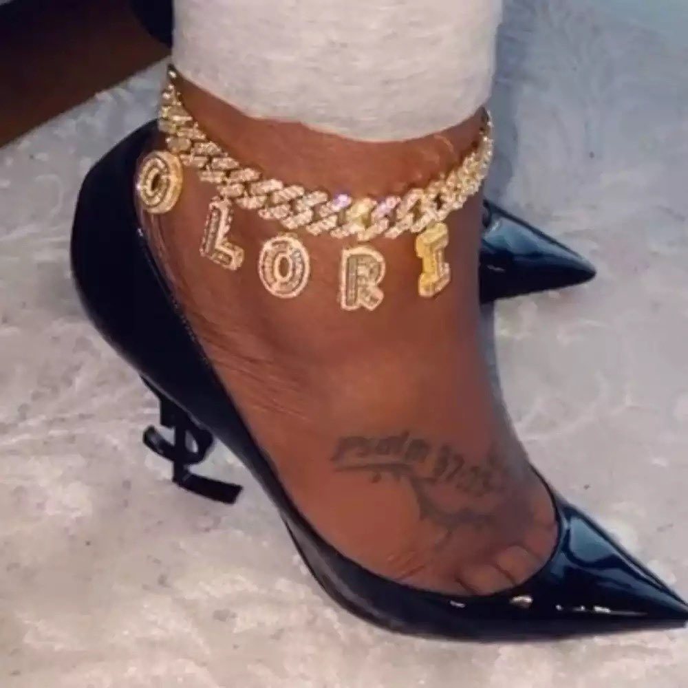 Personalized Cuban Link Iced Out Initial Letter Name Anklets-silviax