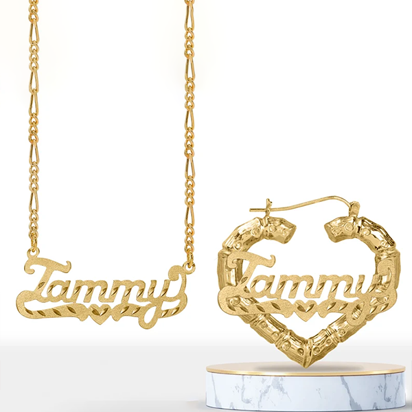 Personalized Diamond Cut Heart Name Necklace and Heart Shaped Bamboo Earrings Set-silviax