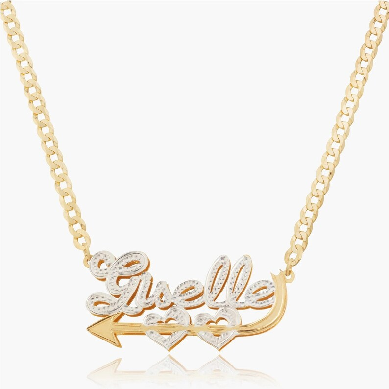 Two Tone Double Plate Gold Plated Personalized 3D Name Necklace with Two Hearts
