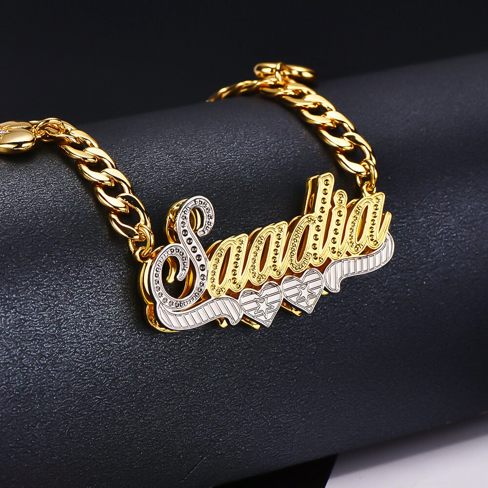 Double Layer Two Tone Two Hearts Cuban Chain With Heart Personalized Custom Gold Plated Name Necklace-silviax