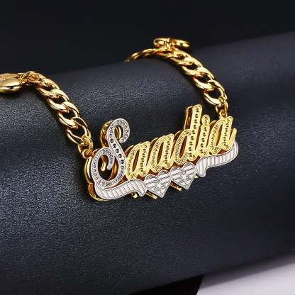 Double Layer Two Tone Two Hearts Cuban Chain With Heart Personalized Custom Gold Plated Name Necklace-silviax