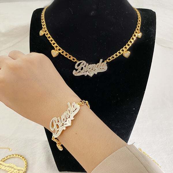 Double Layer Two Tone Heart Nameplate Cuban Chain With Heart Personalized Custom Gold Plated Name Necklace And Bracelet Set-silviax