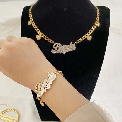 Double Layer Two Tone Heart Nameplate Cuban Chain With Heart Personalized Custom Gold Plated Name Necklace And Bracelet Set-silviax