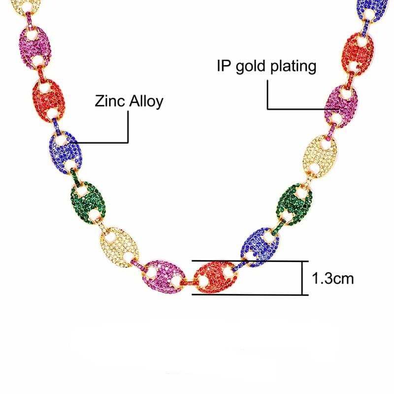 13mm Multi-Colors Pig Nose Link Chain Gold Plated Necklace and Bracelet Set-silviax