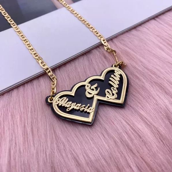 Acrylic Double Heart Pendant Personalized Custom Gold Plated Name Necklace Couple Gift-silviax