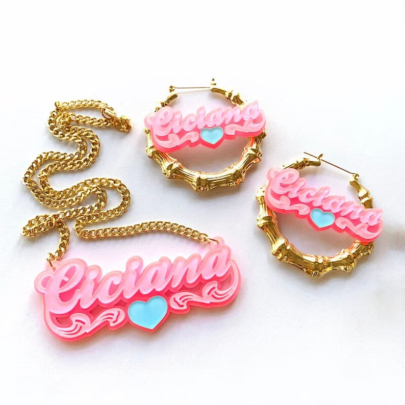 Pink Acrylic Jewelry Set with Blue Heart Personalized Custom Name Necklace Bamboo Hoop Earrings Set