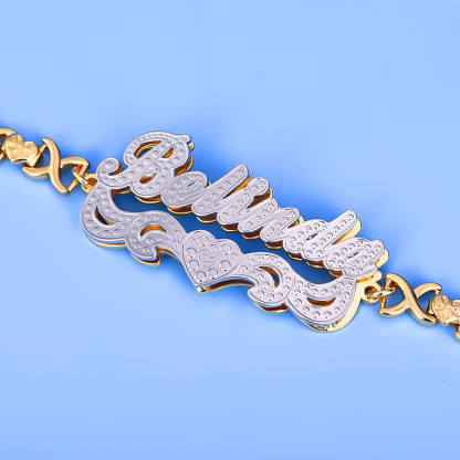 Double Layer Two Tone Nameplate XOXO Heart Chain Personalized Custom Gold Plated Name Bracelet-silviax