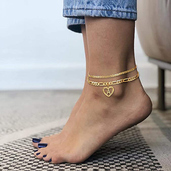 Personalized Layered Heart Initial Anklets with Link Chain-silviax
