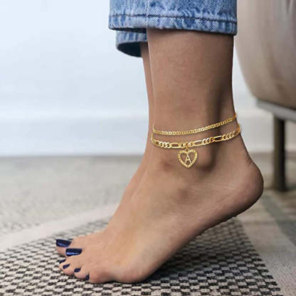 Personalized Layered Heart Initial Anklets with Link Chain-silviax