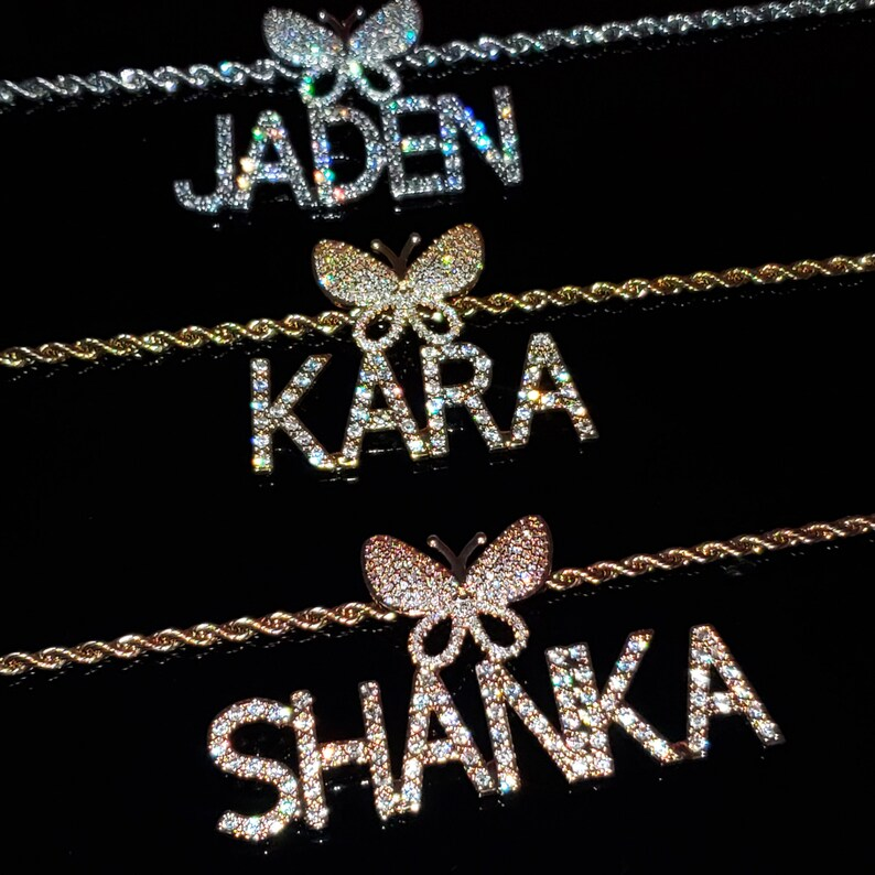 Rope Chain Iced Out Butterfly Pendant Nameplate 3 To 8 Letters Custom Personalized Initial Necklace