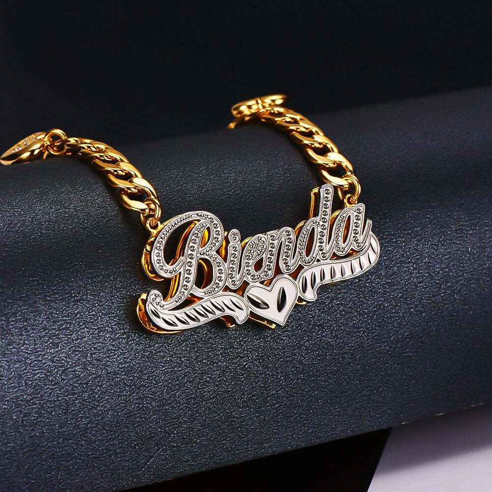 Double Layer Two Tone Heart Nameplate Cuban Chain With Heart Personalized Custom Name Necklace-silviax