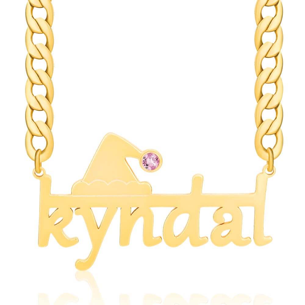 Christmas Hat With Birthstone And Horizontal Line Cuban Chain Personalized Custom Gold Plated Name Necklace-silviax