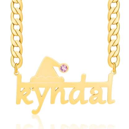 Christmas Hat With Birthstone And Horizontal Line Cuban Chain Personalized Custom Gold Plated Name Necklace-silviax