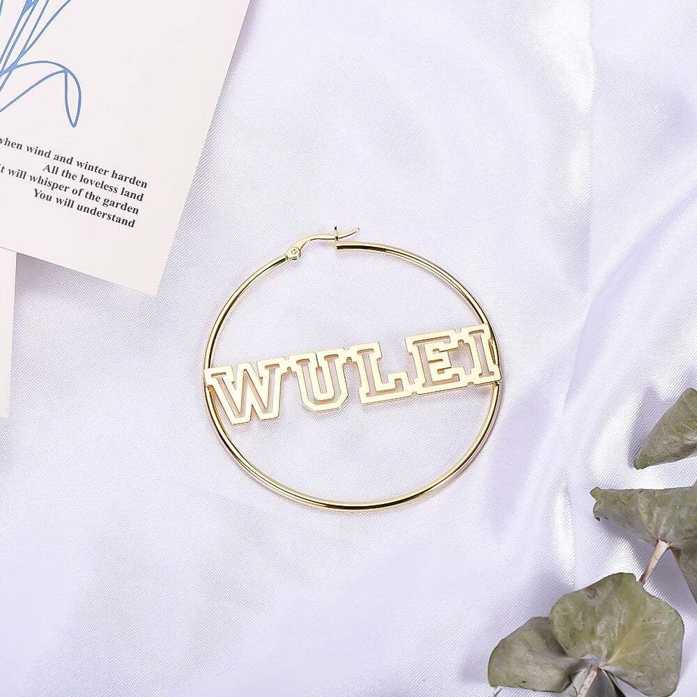 Hollow Capital Letter Name 60mm Personalized Custom Gold Plated Hoop Earrings-silviax