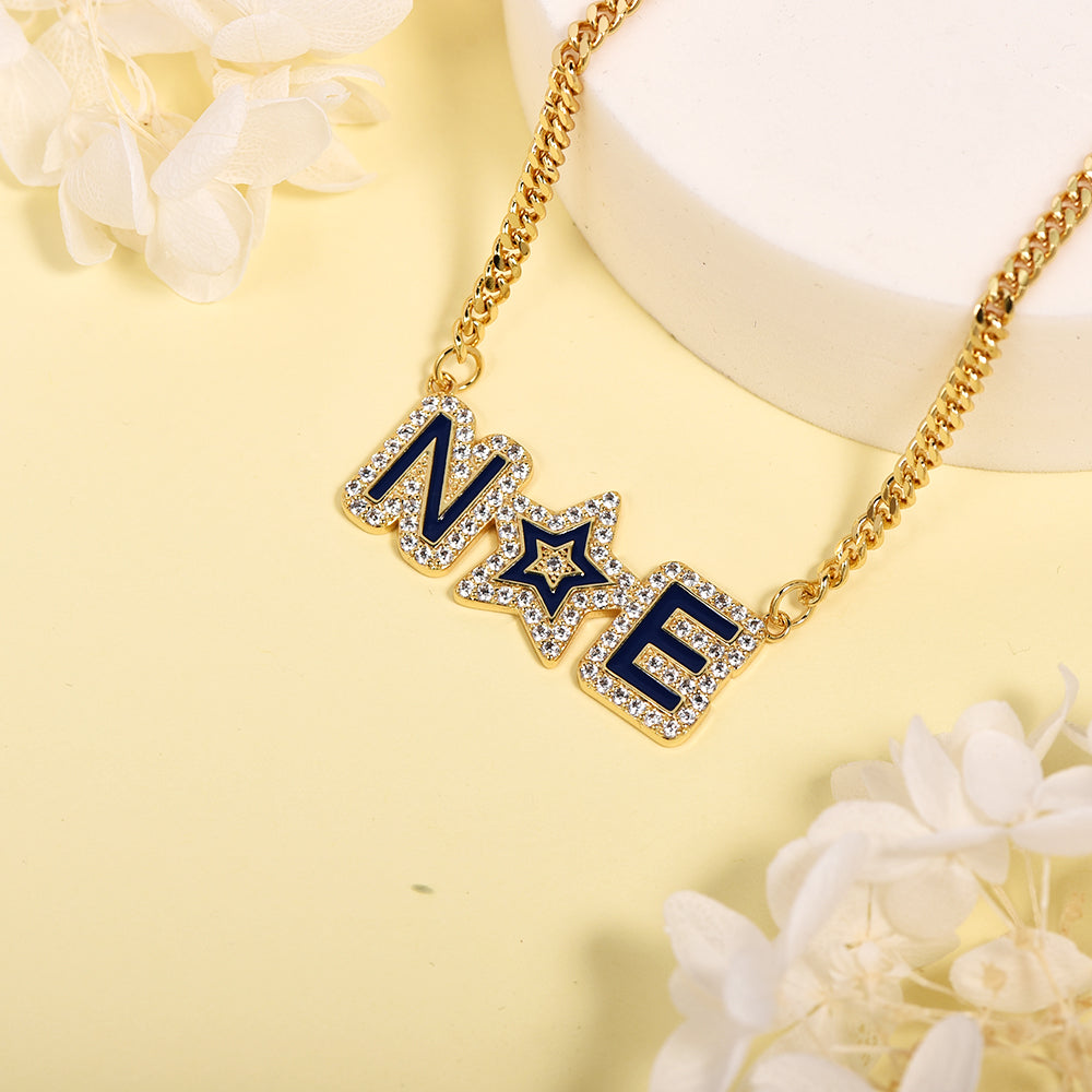Personalized Zircon Blue Enamel Initial Capital Letter Necklace with Star-silviax