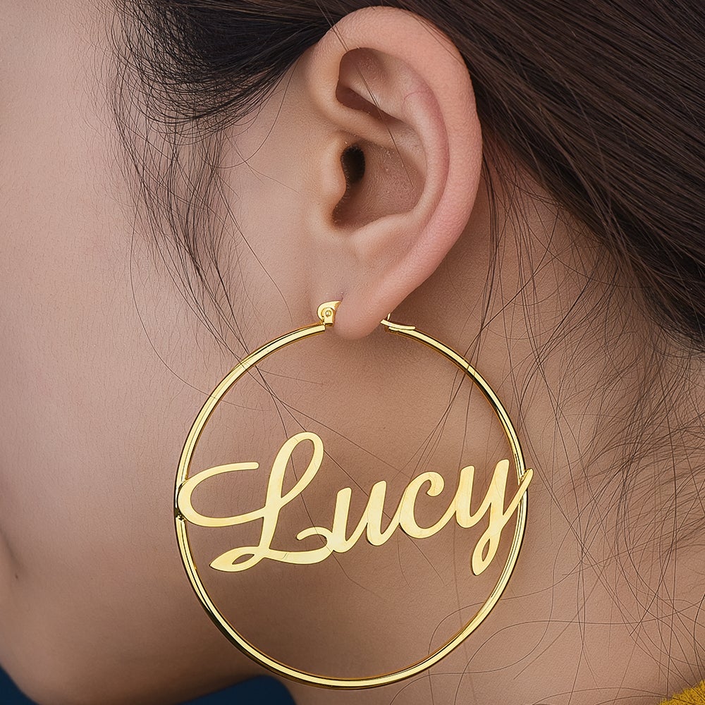 Gold Plated Hoop Personalized Name Earrings-silviax