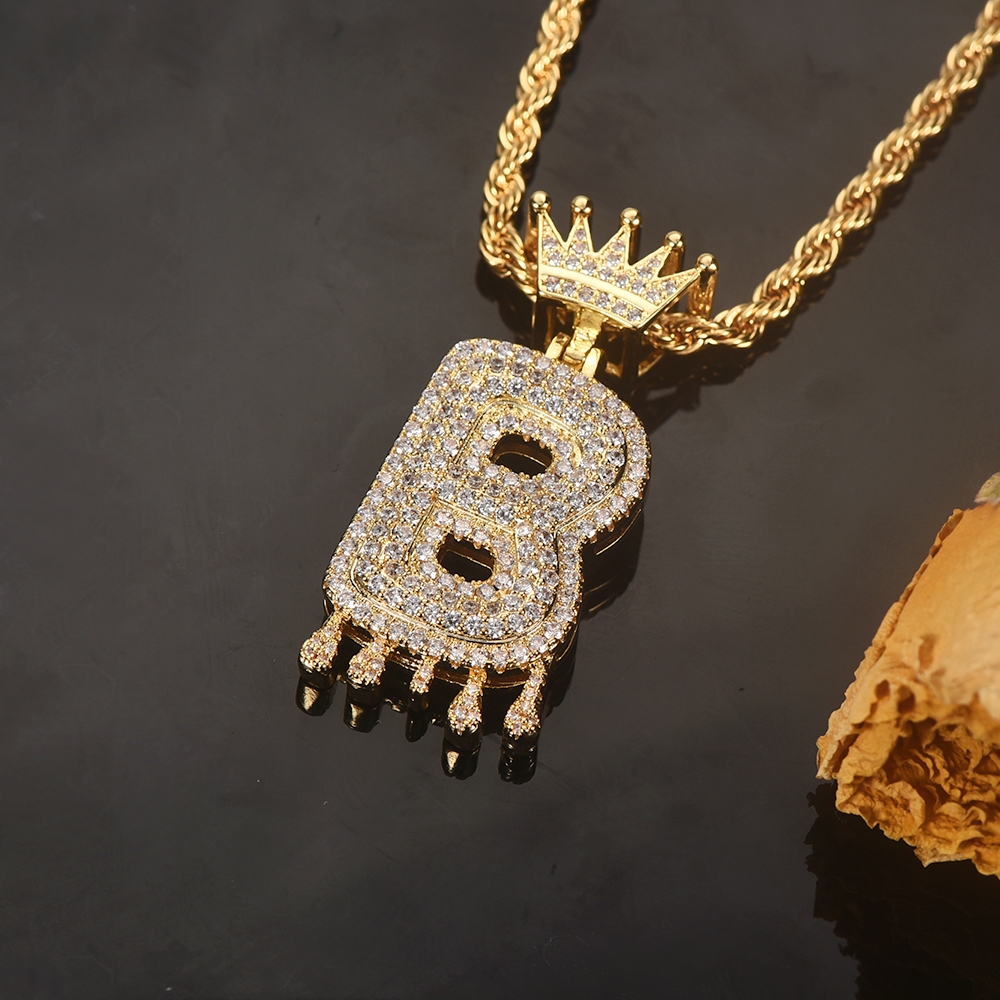 Gold Plated Crystal Dripping Crown Letter Initial Necklace-silviax