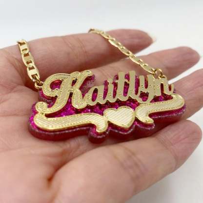 Pink Acrylic Double Layer Heart Personalized Custom Gold Plated Name Necklace-silviax