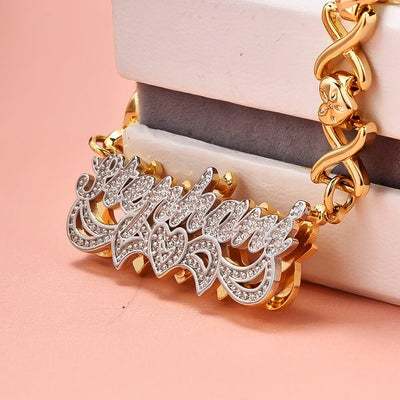 Double Layer Two Tone Nameplate with XOXO Chain Personalized Name Necklace Bracelet and Ring Set