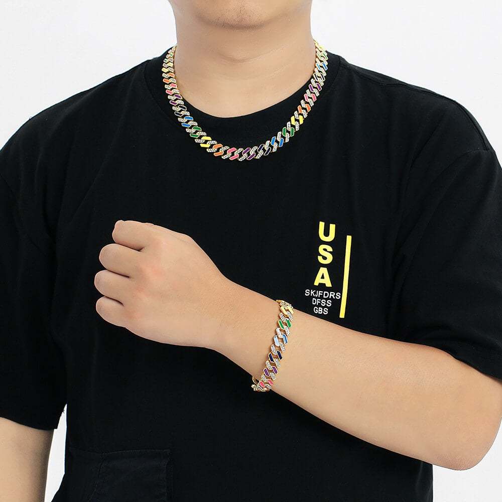 12mm Colorful Cuban Link Chain Gold Plated Necklace and Bracelet Set-silviax