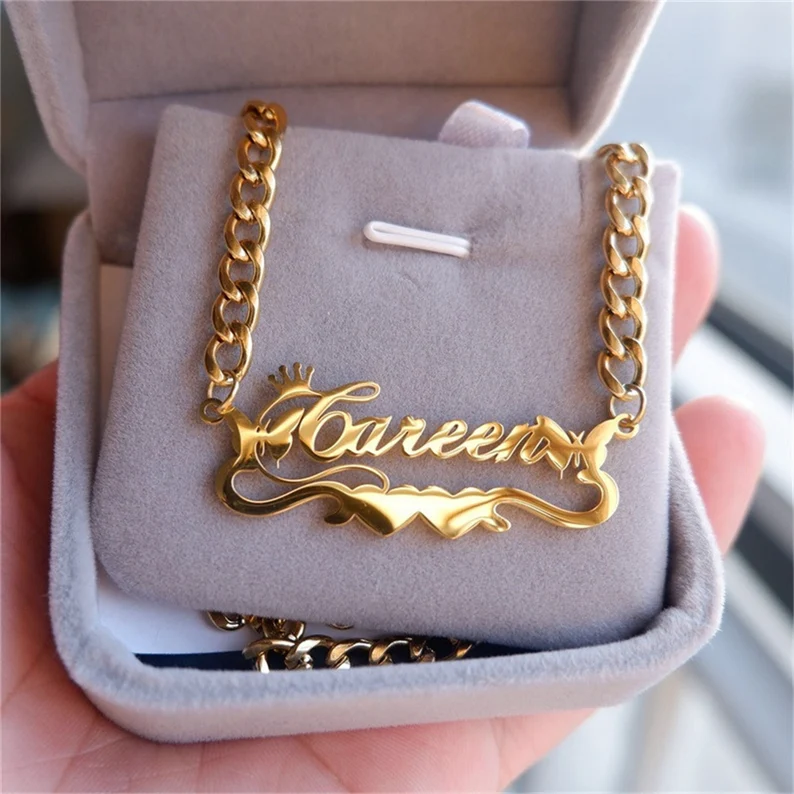 Gold Plated Two Butterfly Double Heart Nameplate with Crown Personalized Custom Name Necklace-silviax