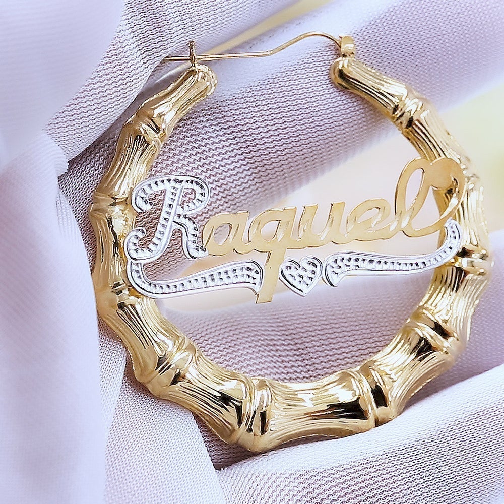 Personalized Bamboo Double Plated Two Tone Name Hoop Earrings-silviax