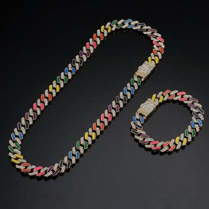 12mm Colorful Cuban Link Chain Gold Plated Necklace and Bracelet Set-silviax