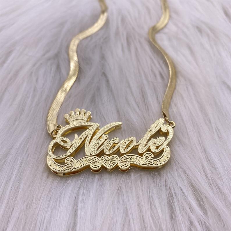 Double Layer Nameplate Crown Heart Personalized Custom Gold Plated Snake Chain 3D Name Necklace-silviax