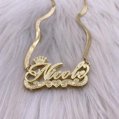 Double Layer Nameplate Crown Heart Personalized Custom Gold Plated Snake Chain 3D Name Necklace-silviax