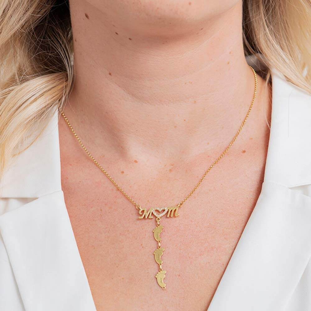 Mom and Baby Feet Personalized Custom 1 to 5 Name Necklace Gold Plated Jewelry Mother's Day Gift for Mom Women-silviax