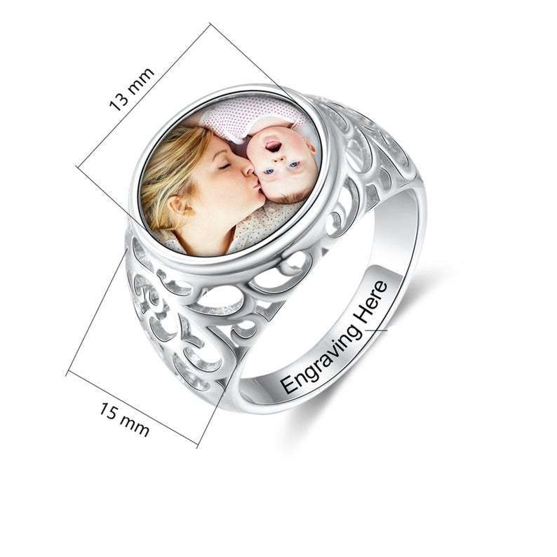 Round Photo Engraved Name Personalized Custom Gold Plated Photo Ring-silviax