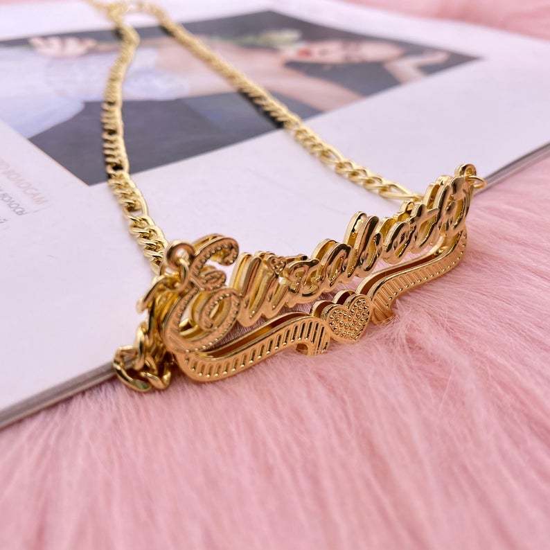 Double Layer Nameplate with Heart Personalized Custom Gold Plated 3D Name Necklace-silviax